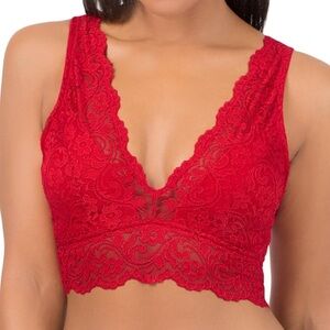 Lace Deep V Neck Wireless Bralette With Removable Pads - Red Valentines Day